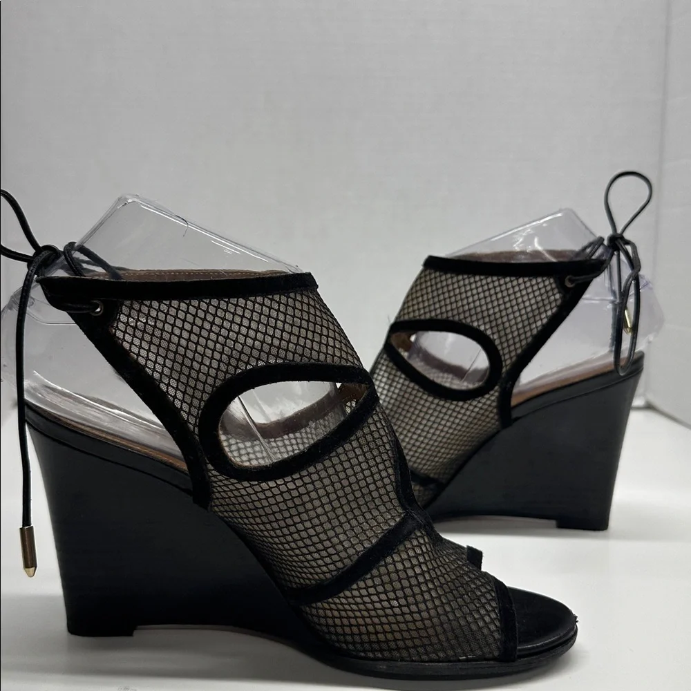 Aquazzura Sexy Thing Suede Wedges Heeled Sandals Open Toe Mesh Black Size 7.5